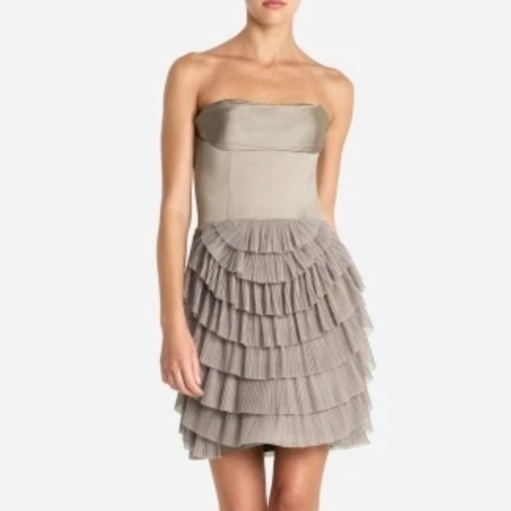 BCBGMaxAzria Strapless Hazelnut Taupe Jacquier Tiered Tulle Cocktail Dress 12